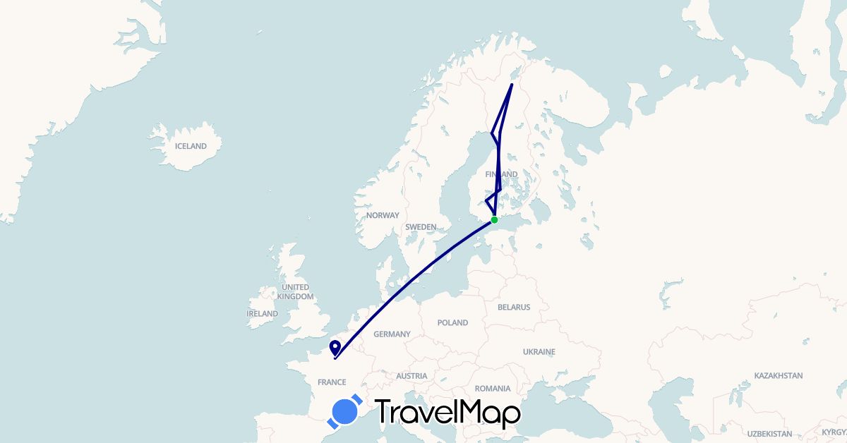 TravelMap itinerary: driving, bus in Finland, France (Europe)